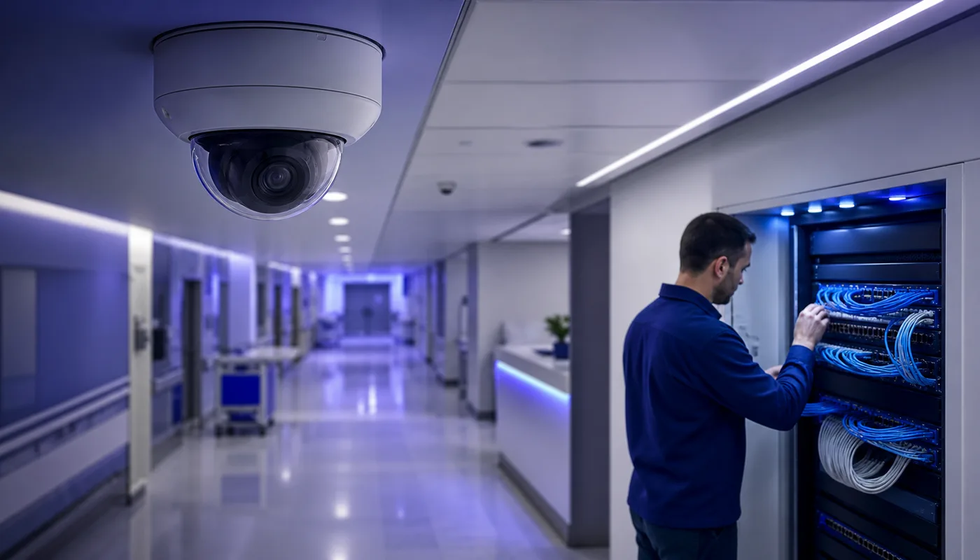 Cámara de videovigilancia IP y técnico trabajando sobre una red hospitalaria